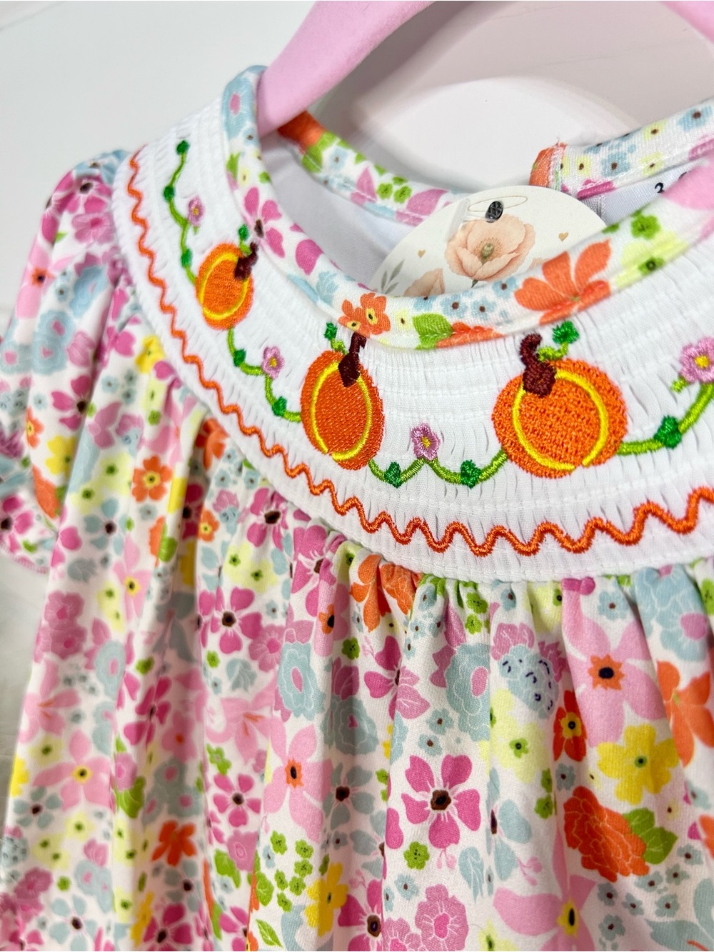 Embroidered Pumpkin Floral Smocked Baby Dress - Pink, Orange, Yellow